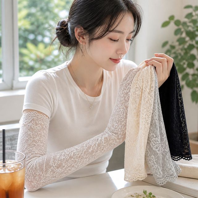 여성 꽃무늬 레이스 팔토시 자외선차단 암워머 등산 골프 여행 운전용 - 이미지 1