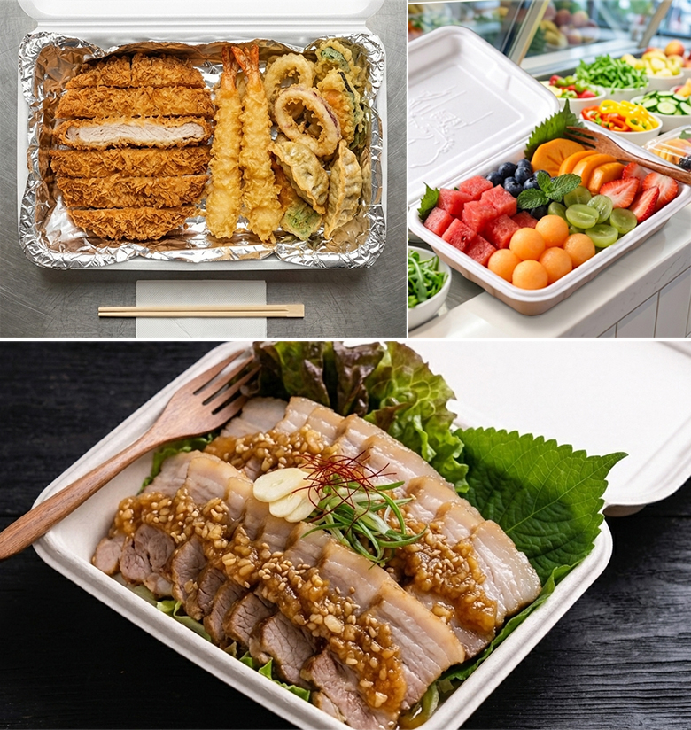 깨끗하고 매끄러운 백색 일회용 스티로폼 트레이에 노릇하게 구운 전이 정갈