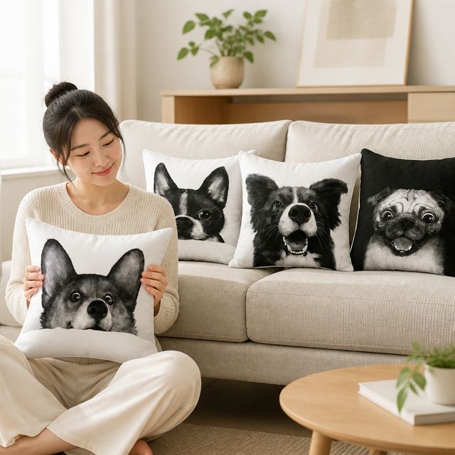 멍멍이 강아지 캐릭터 패턴 소파 쿠션커버 45X45 거실 침실 인테리어 소품 - 이미지 1