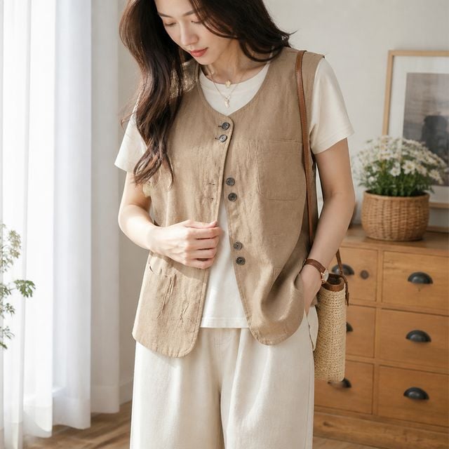 여성 린넨 혼방 조끼 루즈핏 봄 여름 데일리룩 아우터 외투 썸머 캐주얼