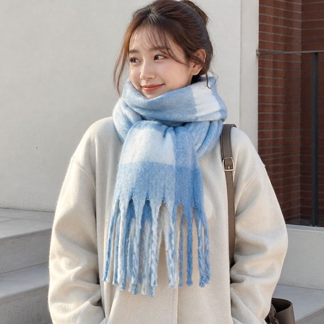 캐시미어 혼방 롱 목도리 9컬러 체크 무지 모헤어 머플러 남녀공용 커플 수술 - 이미지 1