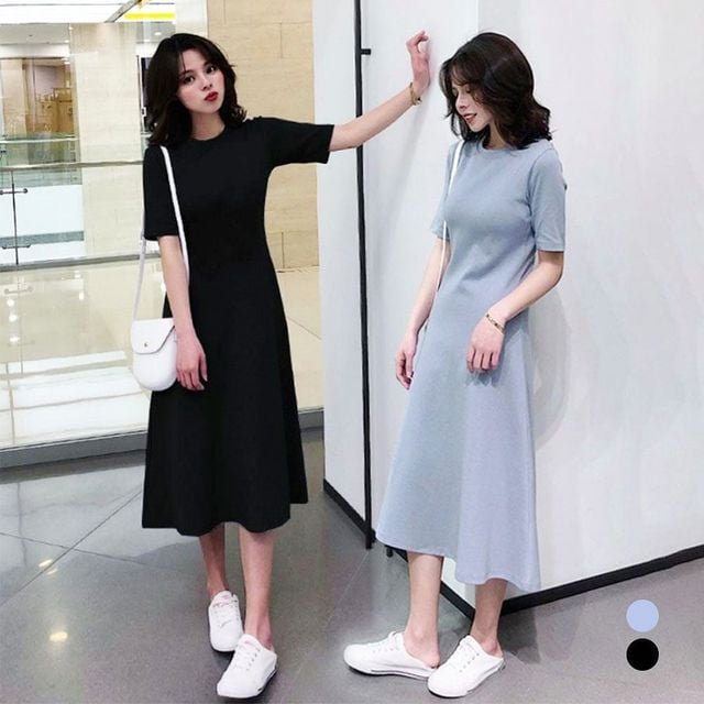 여성 단정한 무지 반팔 롱원피스 A라인 2색