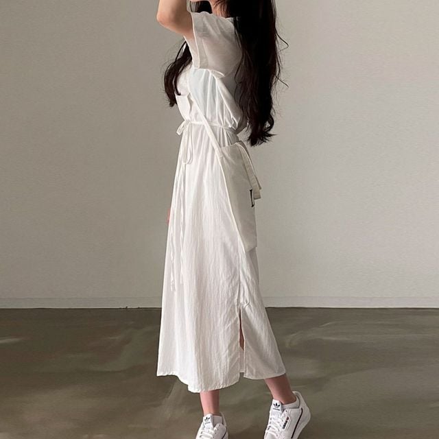 허리 스트랩 카라 브이넥 롱원피스 NM-0210 - 이미지 3