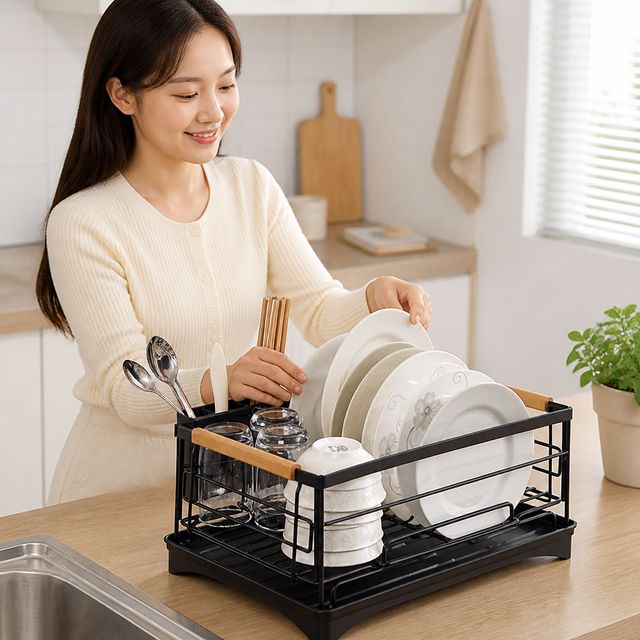 주방 그릇 건조대 철제 식기 정리대 우드핸들 물빠짐 접시꽂이 거치대