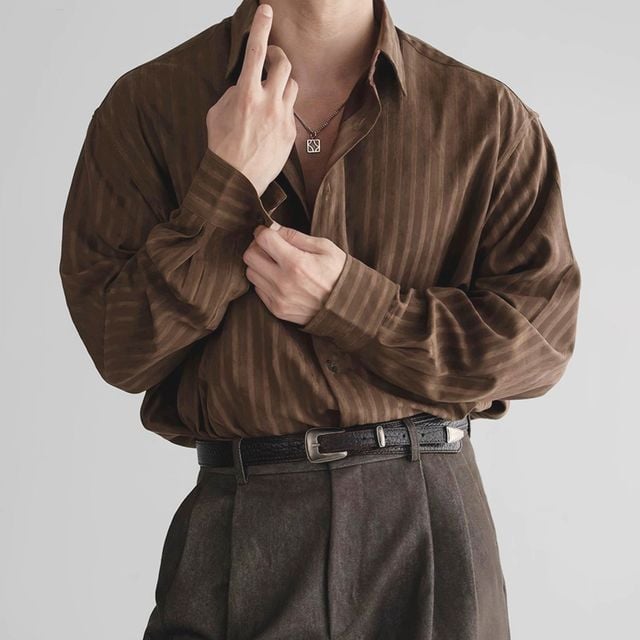 남성 새틴 스트라이프 오버핏 긴팔 셔츠 클래식 카라셔츠