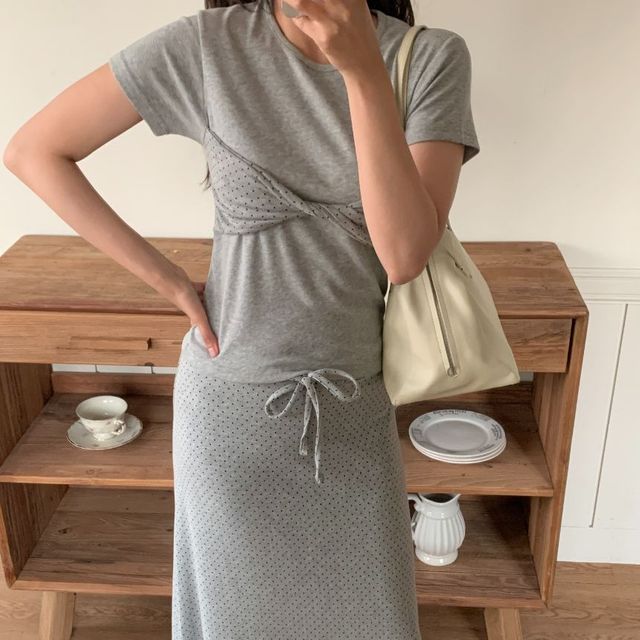 더블유지안 도트 티셔츠 롱스커트 투피스 여성 반팔 세트 여름 데일리 캐주얼 코디