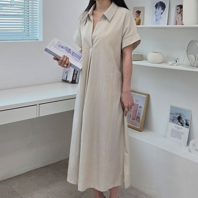 더블유지안 오픈카라 브이넥 롱원피스 여성 반소매 루즈핏 여름 데일리 셔츠원피스 - 이미지 2