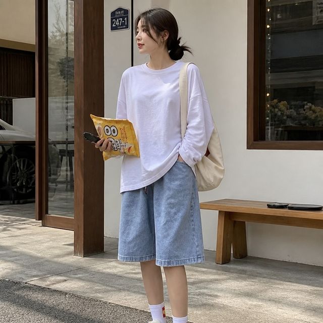 5부 청 반바지 데님 버뮤다 팬츠 밴딩 와이드 여성 여름 데일리룩