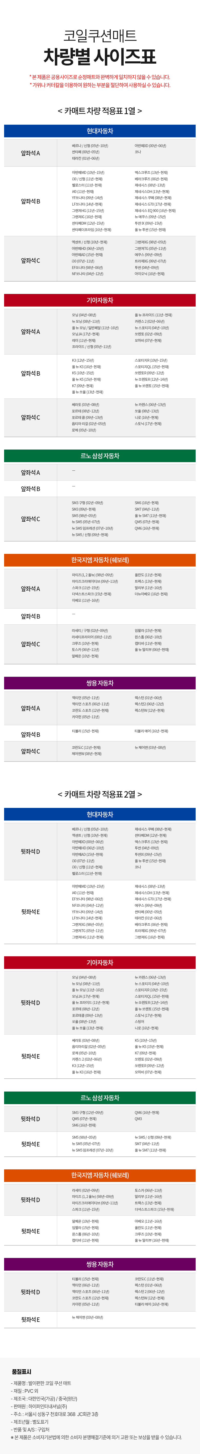발이 편한 코일 쿠션 매트 적용표