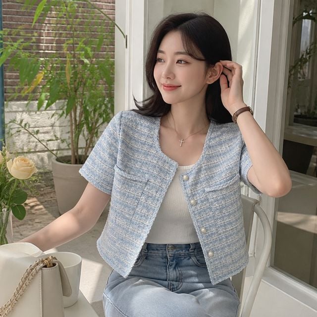여성 트위드 자켓 진주 버튼 크롭 반팔 상의 여름 하객룩 데일리룩 아우터