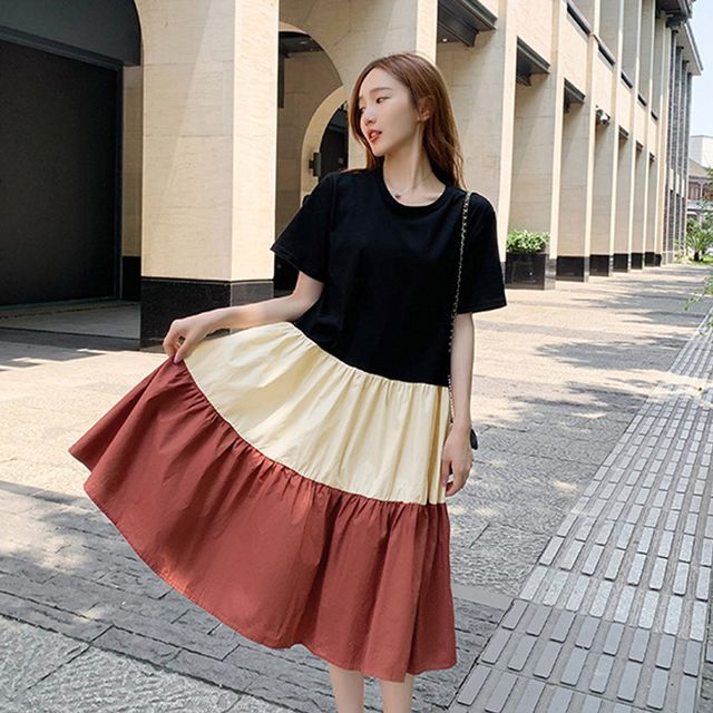 여성 통 넓은 A라인 배색 반팔 라운드 예쁜 원피스 - 이미지 2