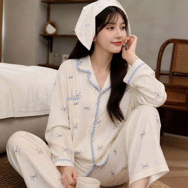 코튼 면 잠옷 상하의 파자마 실내복 홈웨어 - 이미지 1