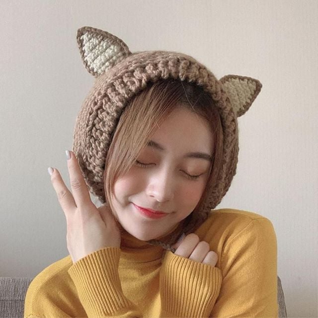 겨울 여자 쫑끗귀 니트 귀도리 브라운