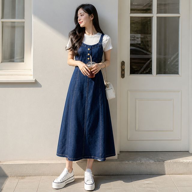 백밴딩 데님 뷔스티에 원피스 여성 봄 여름 가을 청원피스 조끼 슬림핏 치마 - 이미지 1