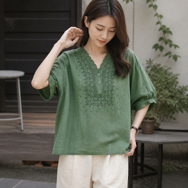 스칼렛 자수 린넨 혼방 퍼프 블라우스 여름 여성 데일리 상의 티셔츠 - 이미지 1