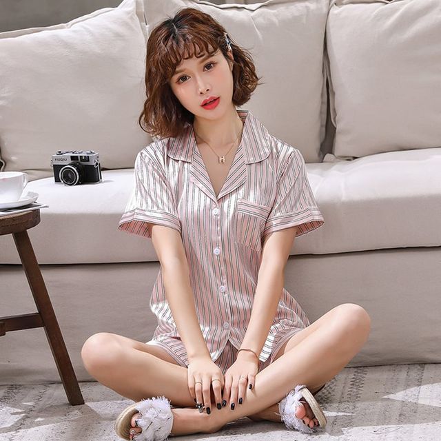 커플 여름 잠옷 상하의세트 반팔 홈웨어 파자마 남여 - 이미지 5