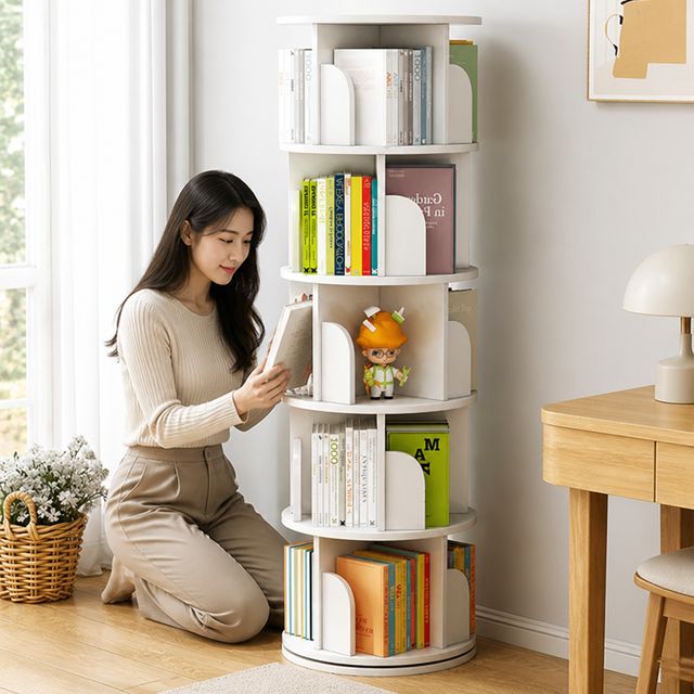 회전형 원형 책장 우드 인테리어 서재 수납 선반 원목 책꽂이 가구