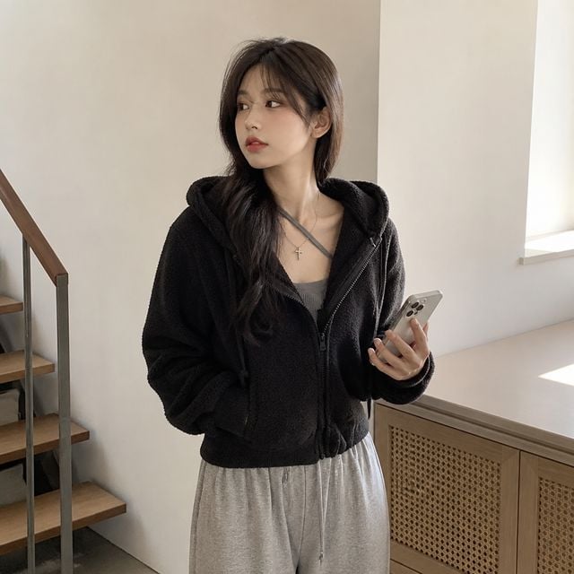 뽀글이 후리스 집업 자켓 세미크롭 후드 가디건 여성 가을 겨울 아우터