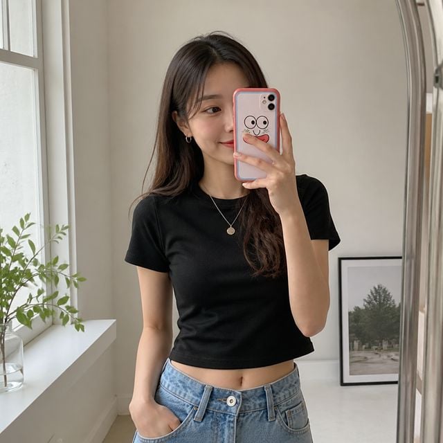 여성 상의 6color 무지 크롭티 심플 반팔 티셔츠 데일리룩