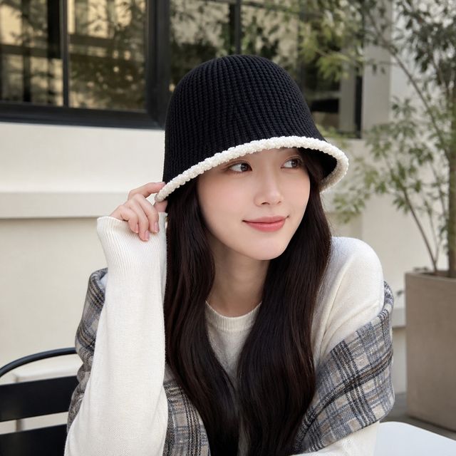 배색 니트 벙거지햇 가을 겨울 버킷햇 데일리 사파리 모자 - 이미지 1