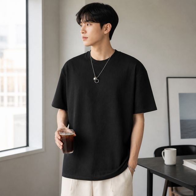 남성 무지 면 티셔츠 루즈핏 블랙 라운드 반팔 - 이미지 1