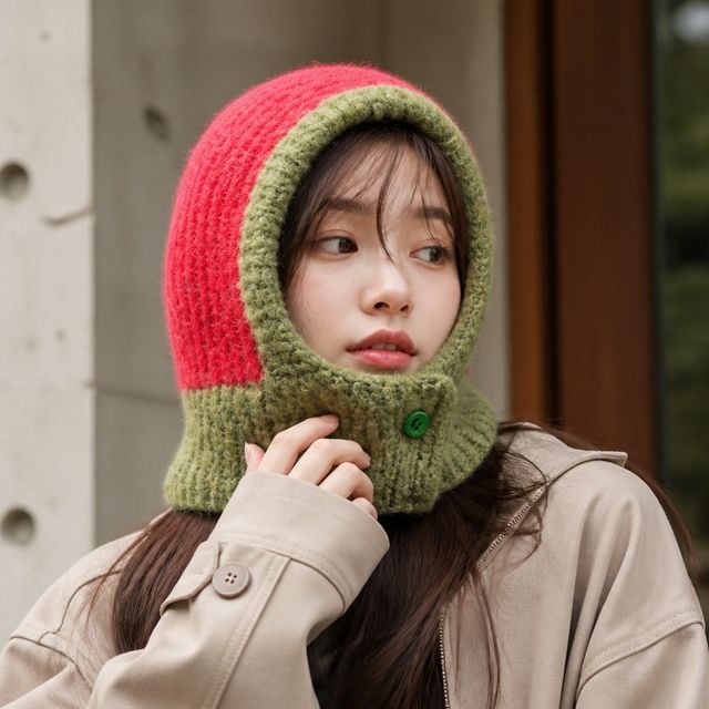 헤드 라운드 배색 니트 바라클라바 털모자 여성 겨울 방한 용품 목도리 비니 벙거지 - 이미지 1