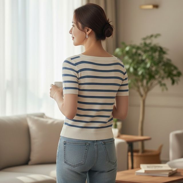 SD-260710 단가라 캐치아 스퀘넥 여름니트 티셔츠 - 이미지 1