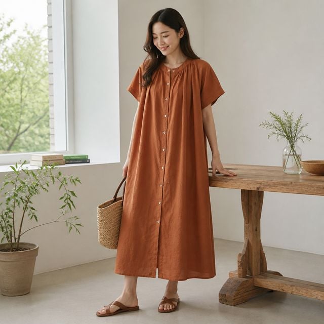 여성 반팔 롱원피스 A라인 버튼 면 원피스 루즈핏 퍼프 치마 여름 하객룩 데일리룩 - 이미지 1