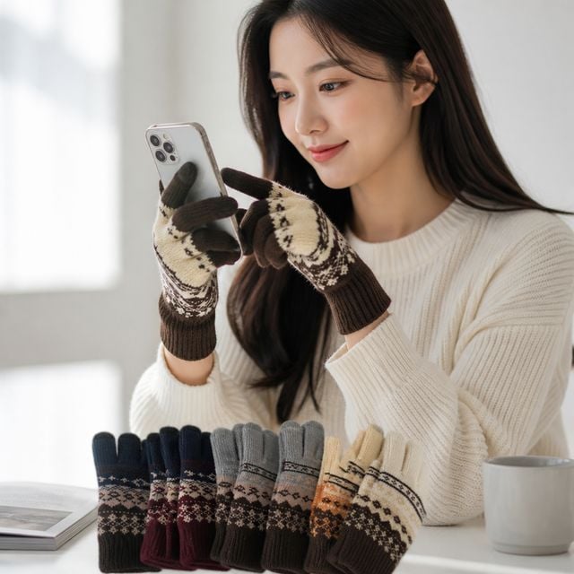 스마트폰 터치 기모 장갑 노르딕 니트 방한 용품 남녀공용 겨울 목도리 귀도리 - 이미지 1