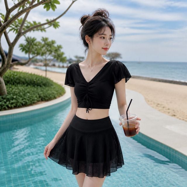 여성 프론트 셔링 2피스 수영복 휴가 바캉스룩 치마 바지 내장형 보정 - 이미지 1
