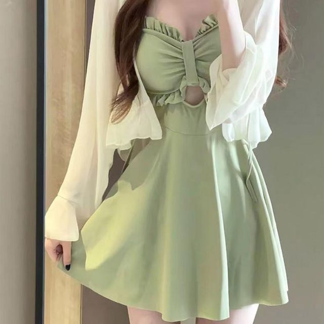 프릴 원피스 수영복 가디건 2종세트 여성 비치웨어 체형커버 모노키니 휴양지
