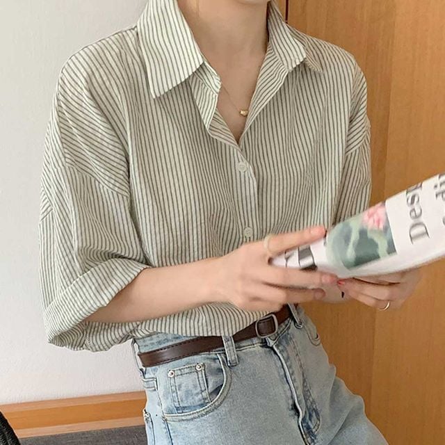 여성 세로줄 오버핏 반팔 셔츠 데일리 스트라이프 남방