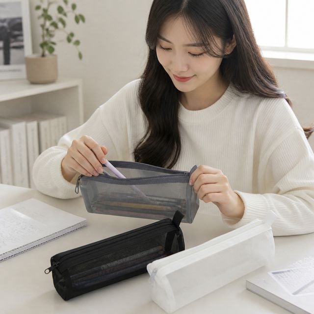 원형 메쉬 소재 필통 파우치 필기구 정리 수납함