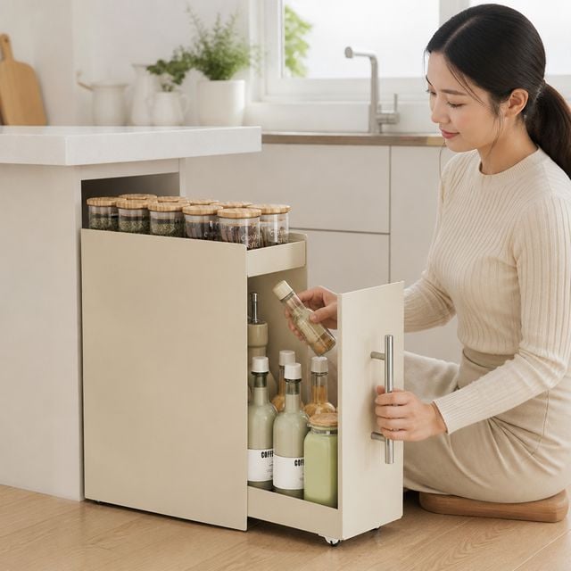 주방 슬라이딩 양념통 선반 틈새 수납 거치대 정리함 - 이미지 1