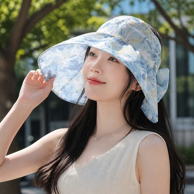 여성 리본 썬캡 플라워 리프 면모자 자외선차단 휴가 비치웨어 챙모자 - 이미지 1