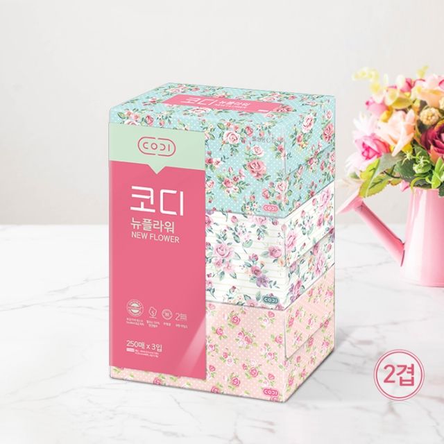 코디 뉴플라워 PTF033222 2겹 250매 미용티슈 각티슈 (3개입)