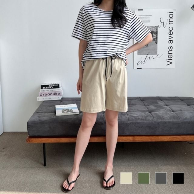 엘라 코튼 밴딩 와이드 버뮤다팬츠 남여공용 베이지 스판 반바지 여름