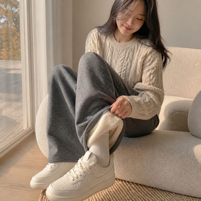 겨울 기모 와이드 팬츠 여성 밍크퍼 안감 트레이닝 밴딩 바지 츄리닝