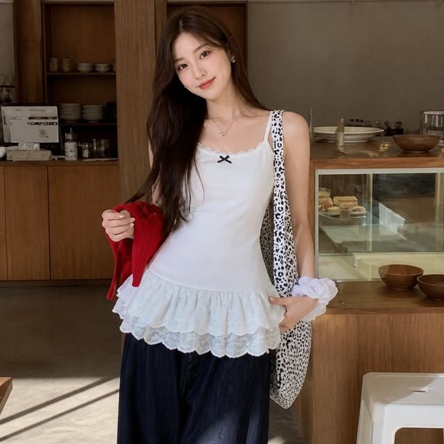 여름 휴가룩 레이스 뷔스티에 나시 프릴 시스루 롱 원피스 이너 끈나시