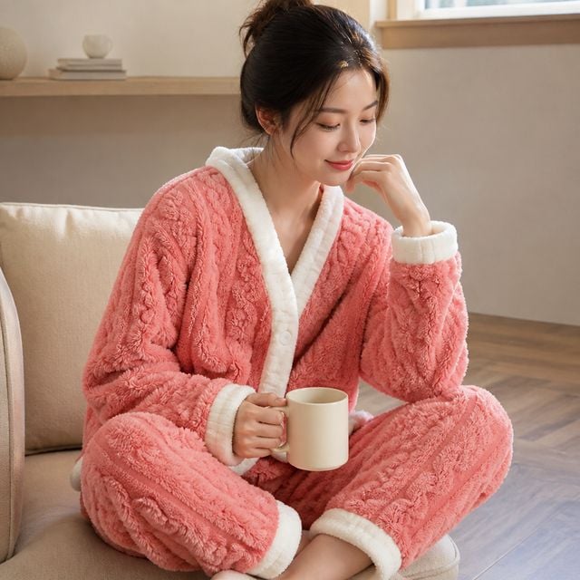 수면잠옷 홈웨어 여성 꽈배기 패턴 배색 실내복 파자마 - 이미지 1