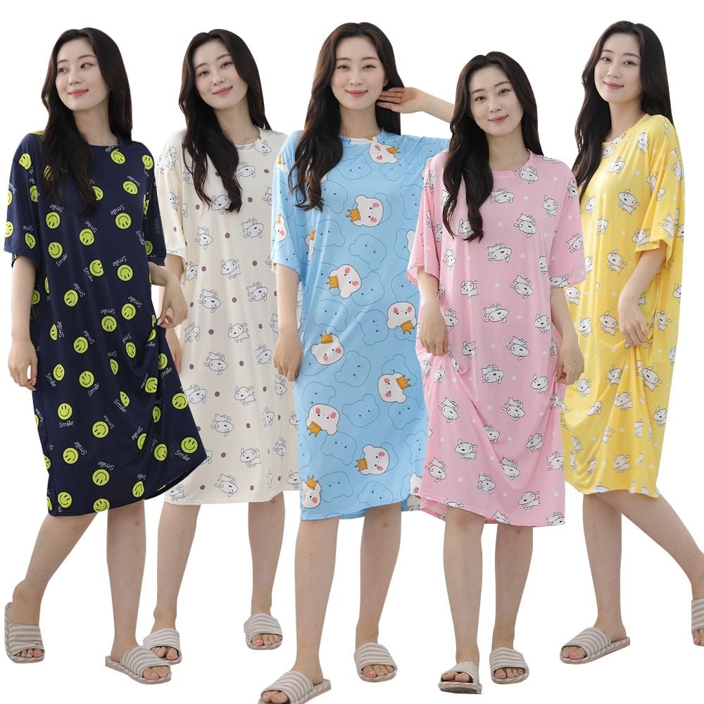 여성 쿨 냉감 아이스 반팔 원피스 - 빅사이즈 여름 잠옷 - 이미지 1