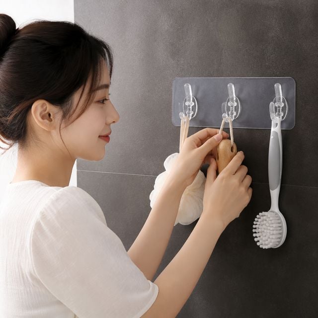 벽 부착 3구 후크걸이 투명 접착식 정리 소품걸이 벽면 거치대
