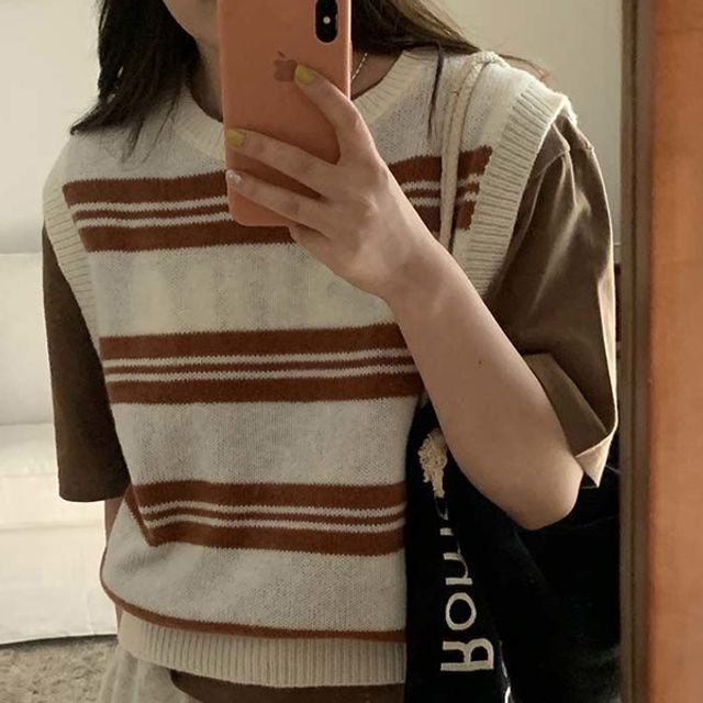 여성 캐주얼 줄무늬 패턴 일상 니트 조끼