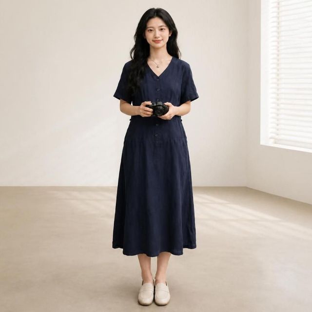 아인리 여성 마 100% 브이넥 반팔 롱원피스 여름 린넨 원피스 ay66087 - 이미지 1
