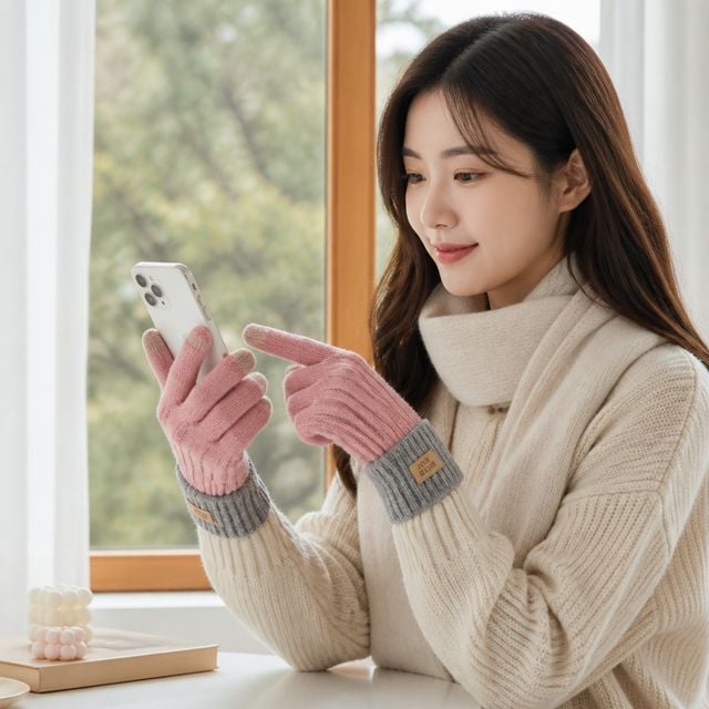 여성 겨울 스마트폰 터치 장갑 투톤 무드 핸드워머 니트 손가락 토시 - 이미지 1