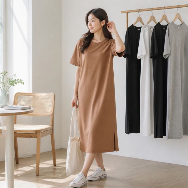 루즈핏 무지 롱 원피스 여자 데일리룩 오버핏 베이직 컬러 통원피스 - 이미지 1