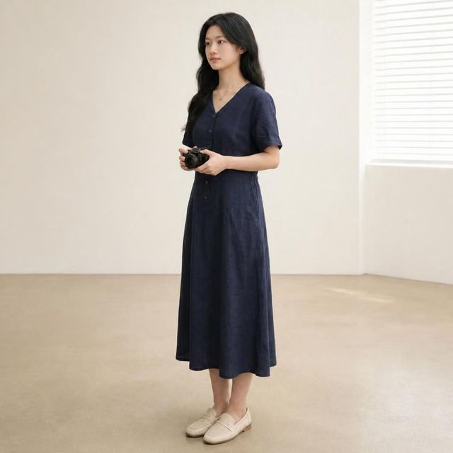 아인리 여성 마 100% 브이넥 반팔 롱원피스 여름 린넨 원피스 ay66087 - 이미지 3