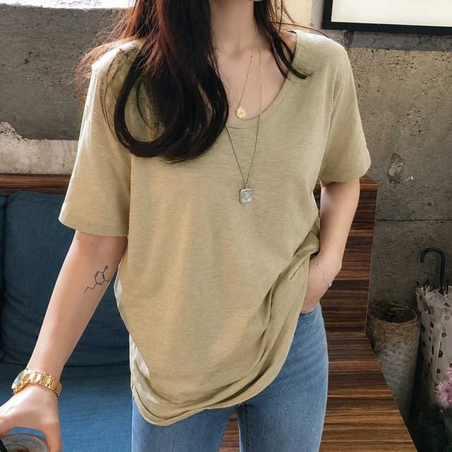 여성 루즈핏 라운드넥 반팔 무지 티셔츠