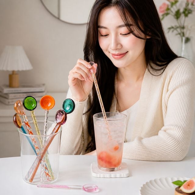 크림색 유리 머들러 티스푼 아이스크림 시리얼 롱 스푼 롱티스푼 홈카페 홈스토랑