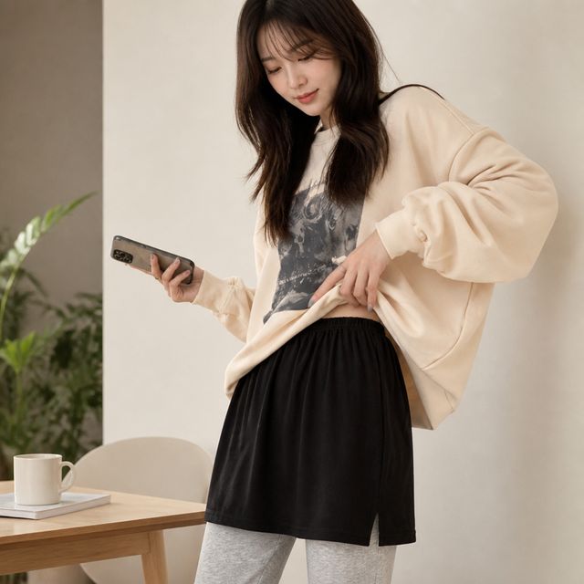 레이어드 티셔츠 옆트임 허리밴딩 속치마 페이크 이너 스커트 맨투맨 후드티
